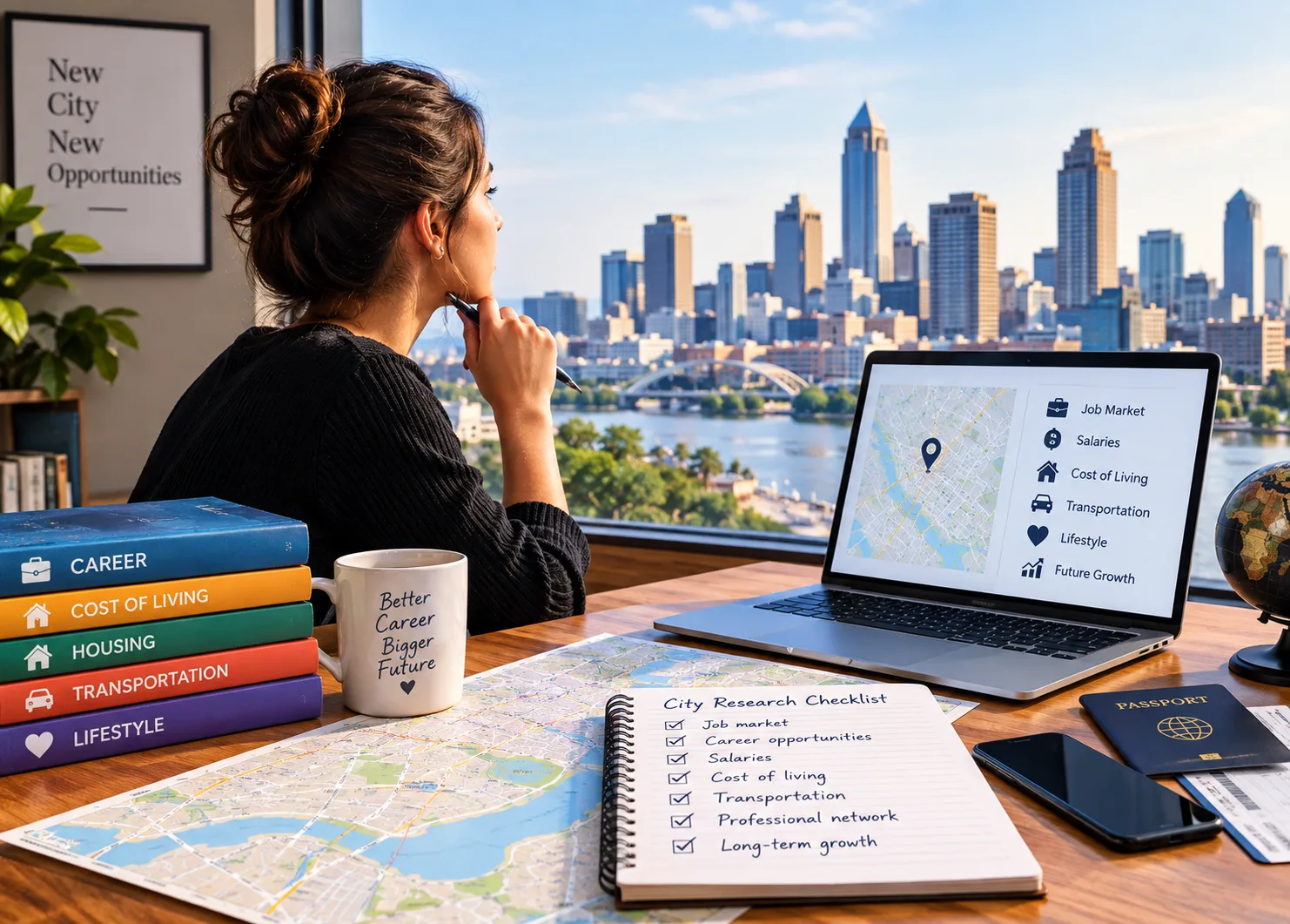 Professional woman researching a new city before relocating for a job, viewing a city skyline from her desk while reviewing maps, career opportunities, salaries, housing, transportation, cost of living, and long-term professional growth information on a laptop.